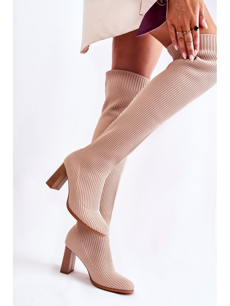 Striped Classic Boots On Heel Beige Laossi