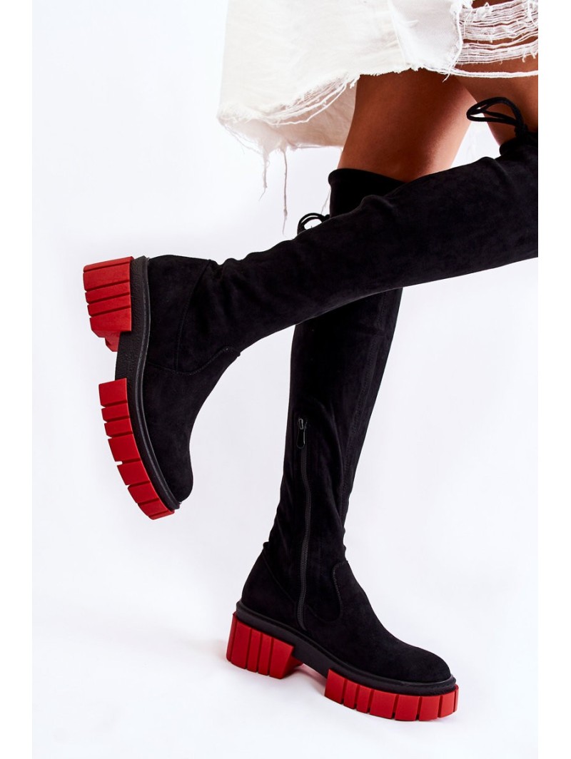 Women's Suede Boots Workers Black and Red Cheera