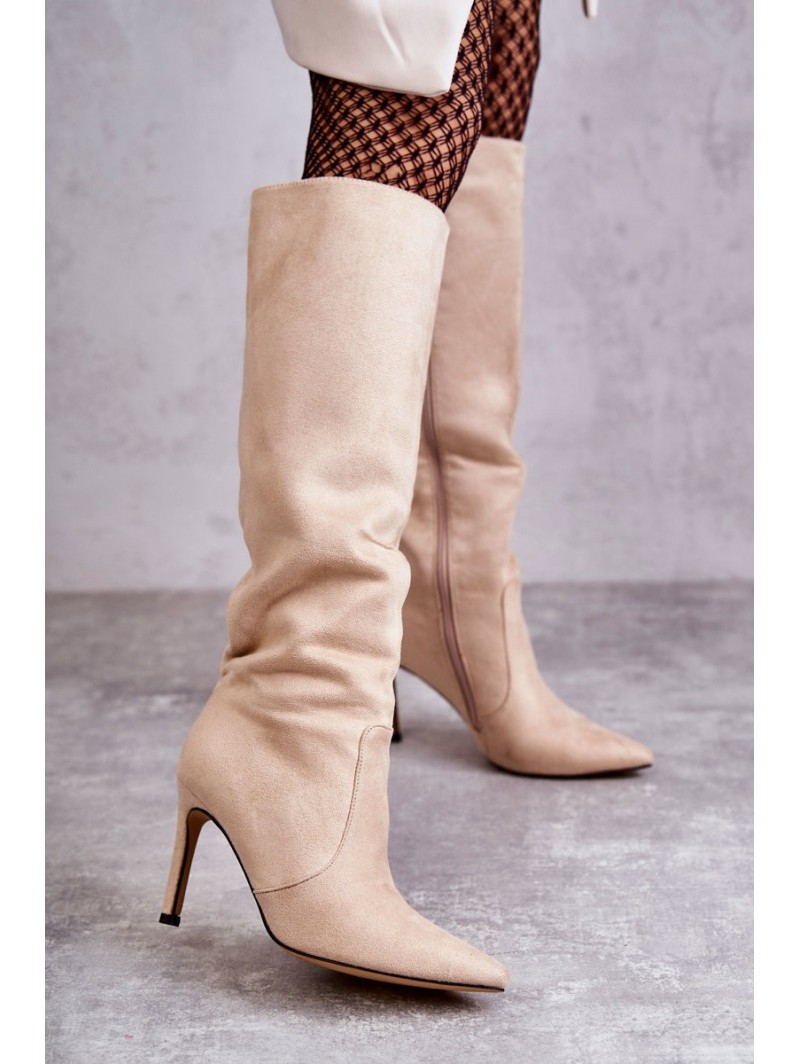 Suede High Heel Boots Beige Carite