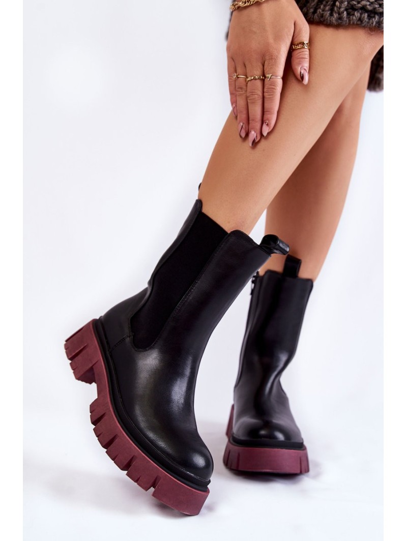 Women's Worker Boots On The Platform Black and burgundy Aliana