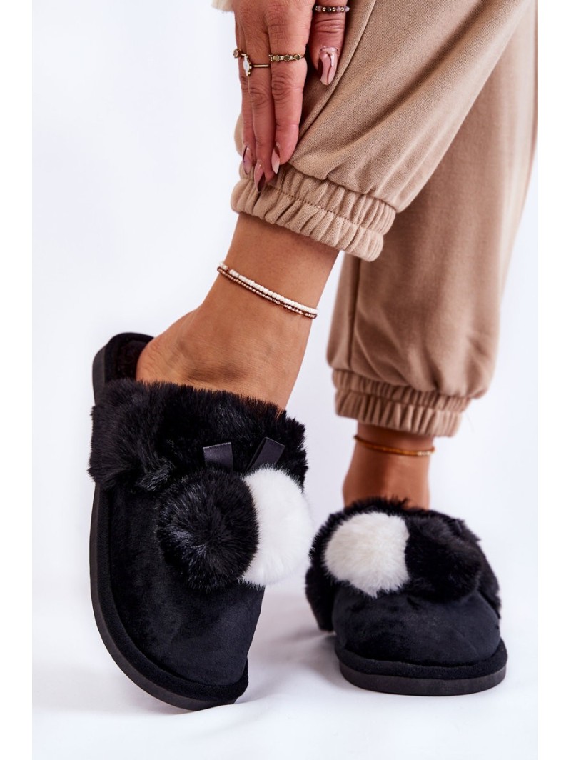 Women's Slippers With Pompoms And Fur Black Sahira