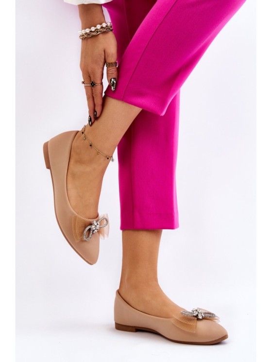 Women's V-neck Ballerinas With A Decorative Bow Dark beige Luminous 2