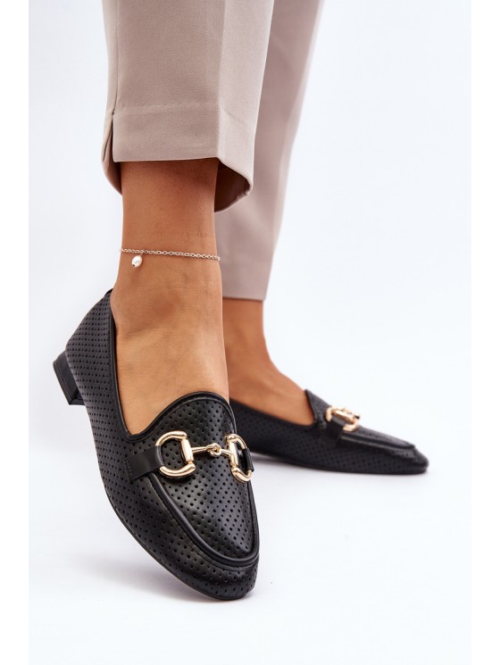 Women's Flat Heel Loafers with Black Decoration Iluvana