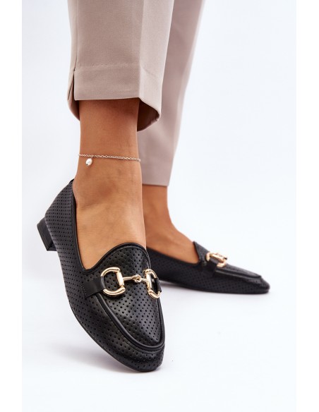 Women's Flat Heel Loafers with Black Decoration Iluvana