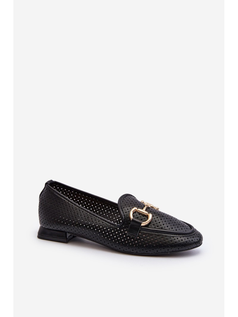 Women's Flat Heel Loafers with Black Decoration Iluvana