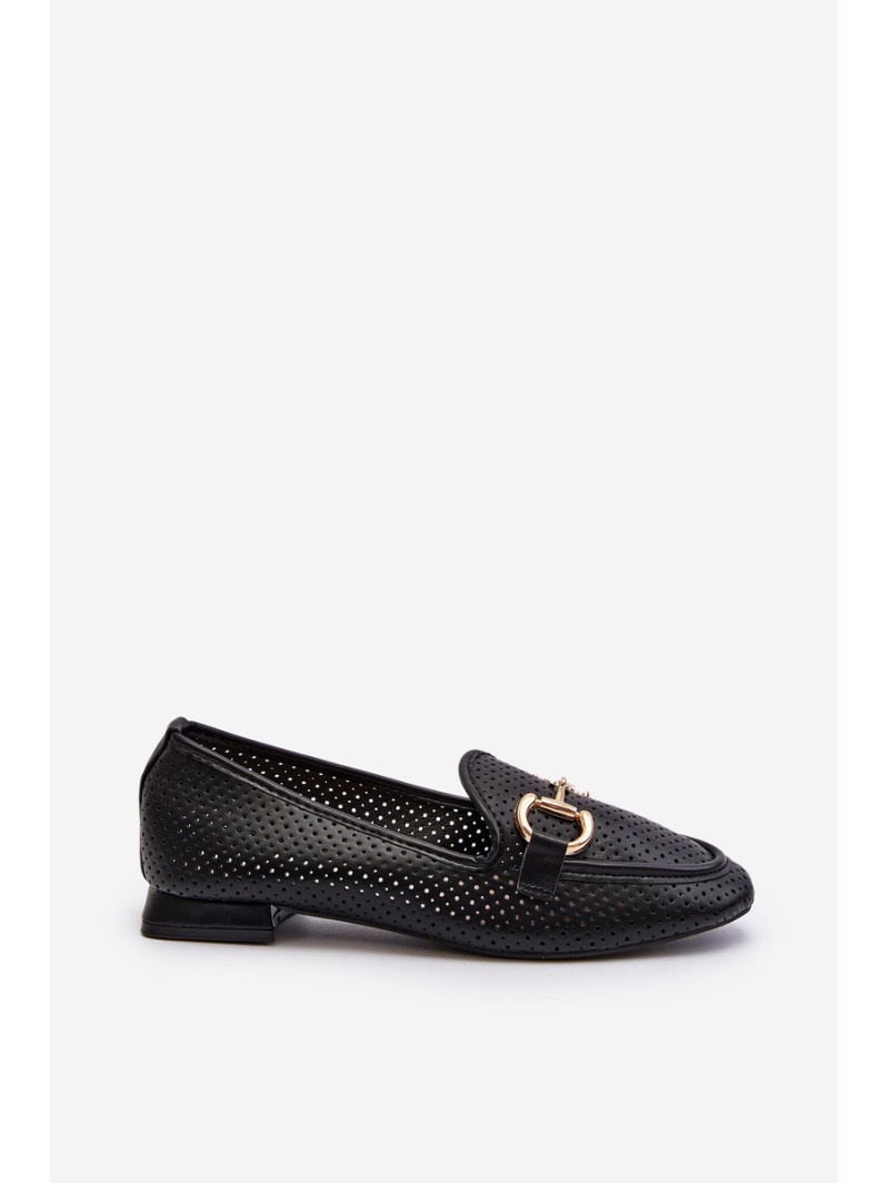 Women's Flat Heel Loafers with Black Decoration Iluvana