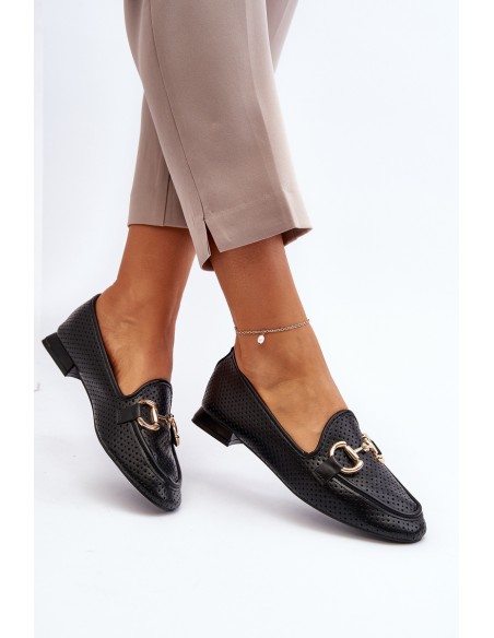 Women's Flat Heel Loafers with Black Decoration Iluvana
