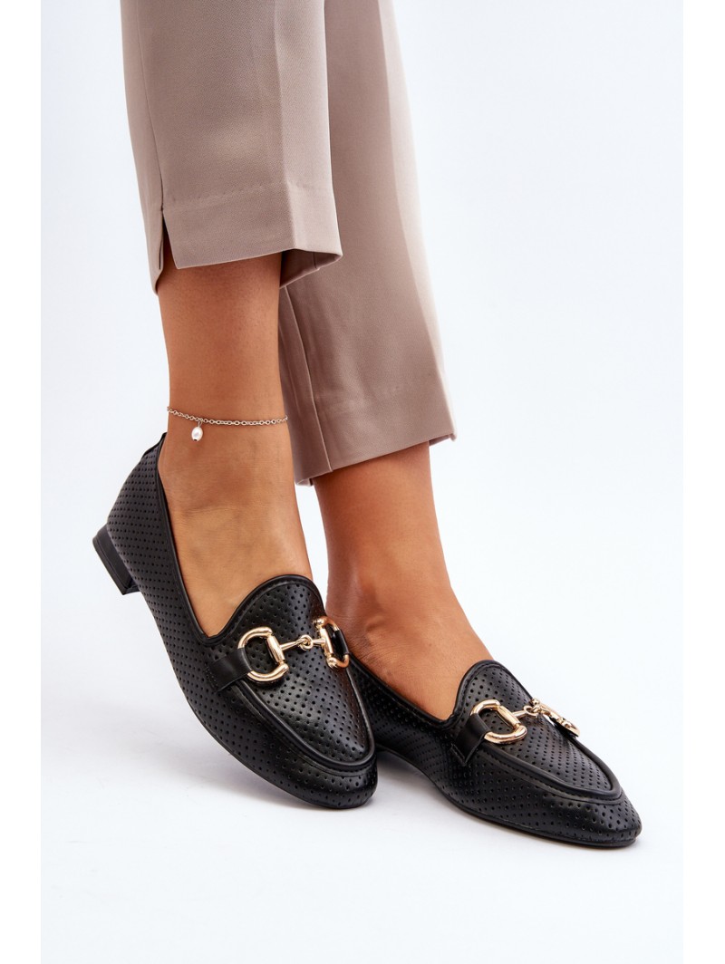 Women's Flat Heel Loafers with Black Decoration Iluvana
