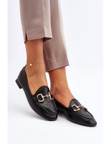 Women's Flat Heel Loafers with Black Decoration Iluvana