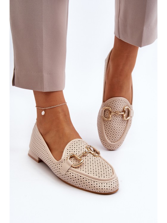 Women's flat-heeled moccasins with beige decoration Iluvana