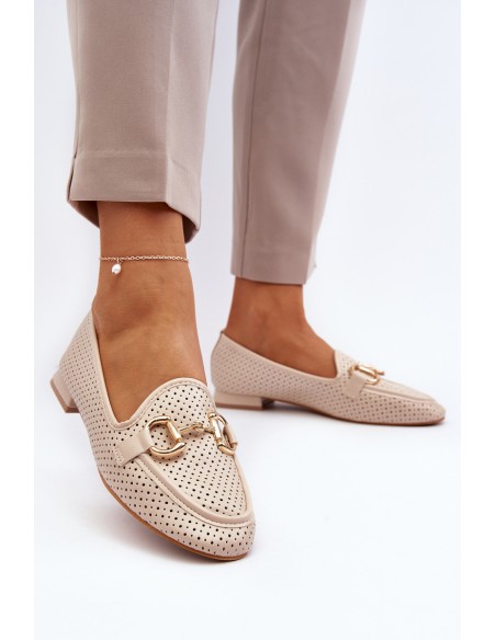 Women's flat-heeled moccasins with beige decoration Iluvana