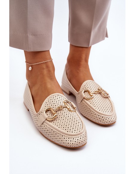 Women's flat-heeled moccasins with beige decoration Iluvana