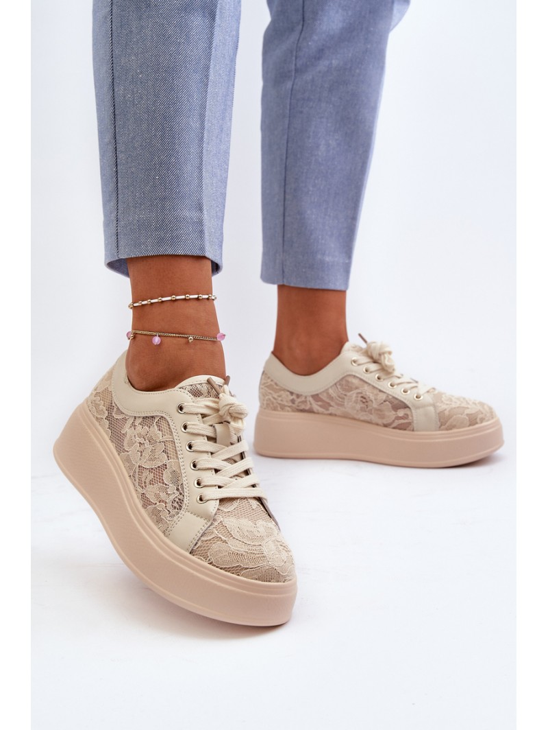 Lace Sneakers Women's On Platform S.Barski HY025 Beige