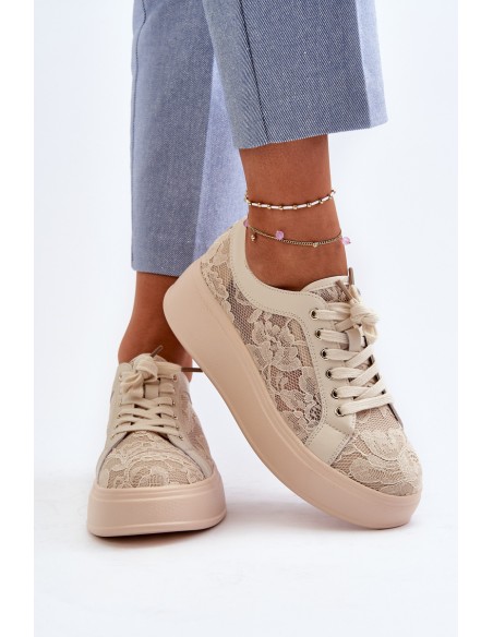 Lace Sneakers Women's On Platform S.Barski HY025 Beige