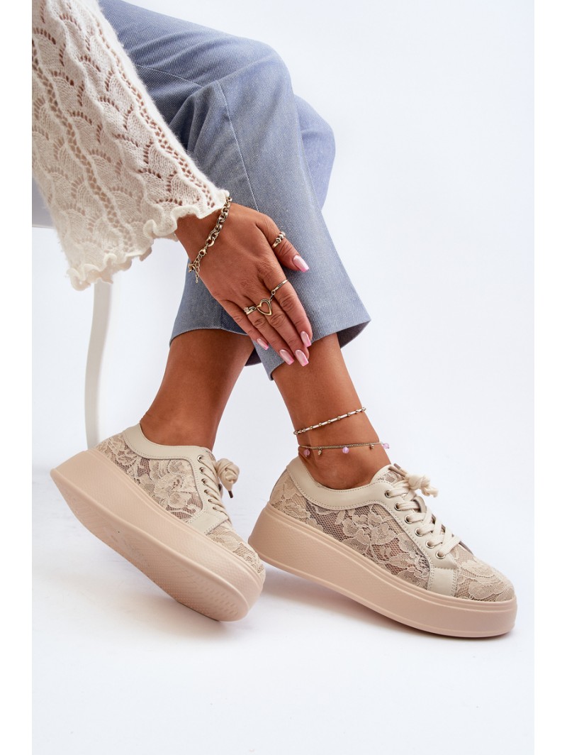 Lace Sneakers Women's On Platform S.Barski HY025 Beige