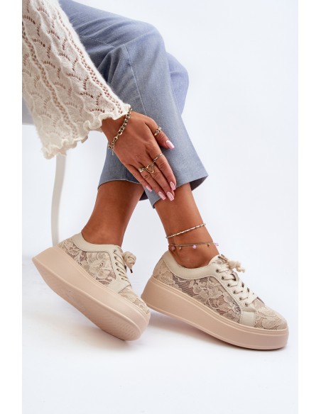 Lace Sneakers Women's On Platform S.Barski HY025 Beige
