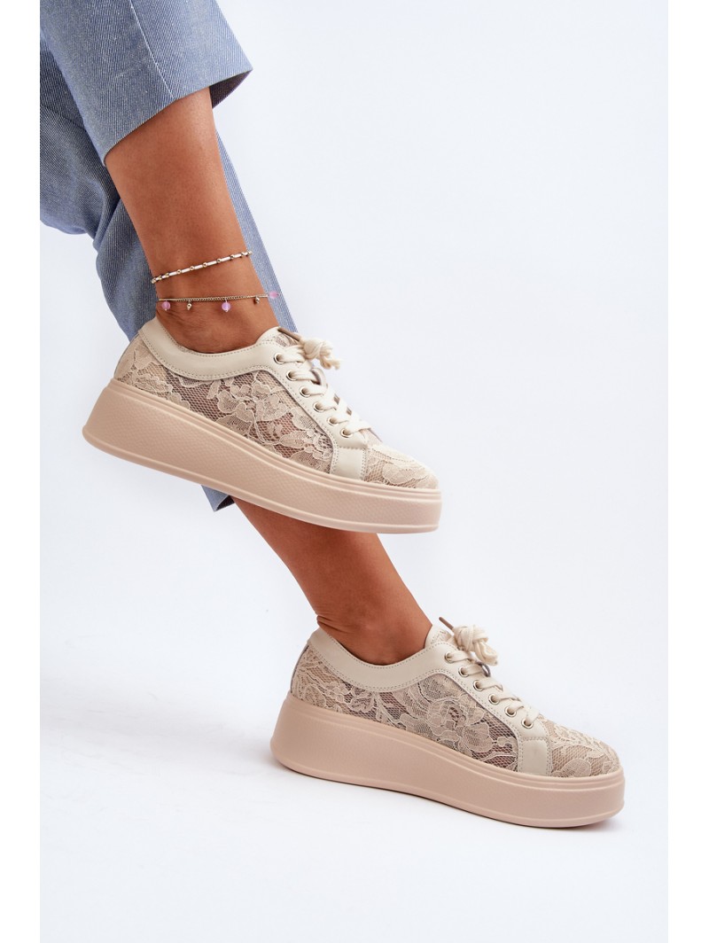 Lace Sneakers Women's On Platform S.Barski HY025 Beige