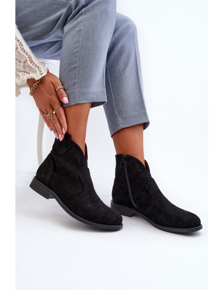 Women's Black Flat Heel Cutout Ankle Boots S.Barski HY66-151