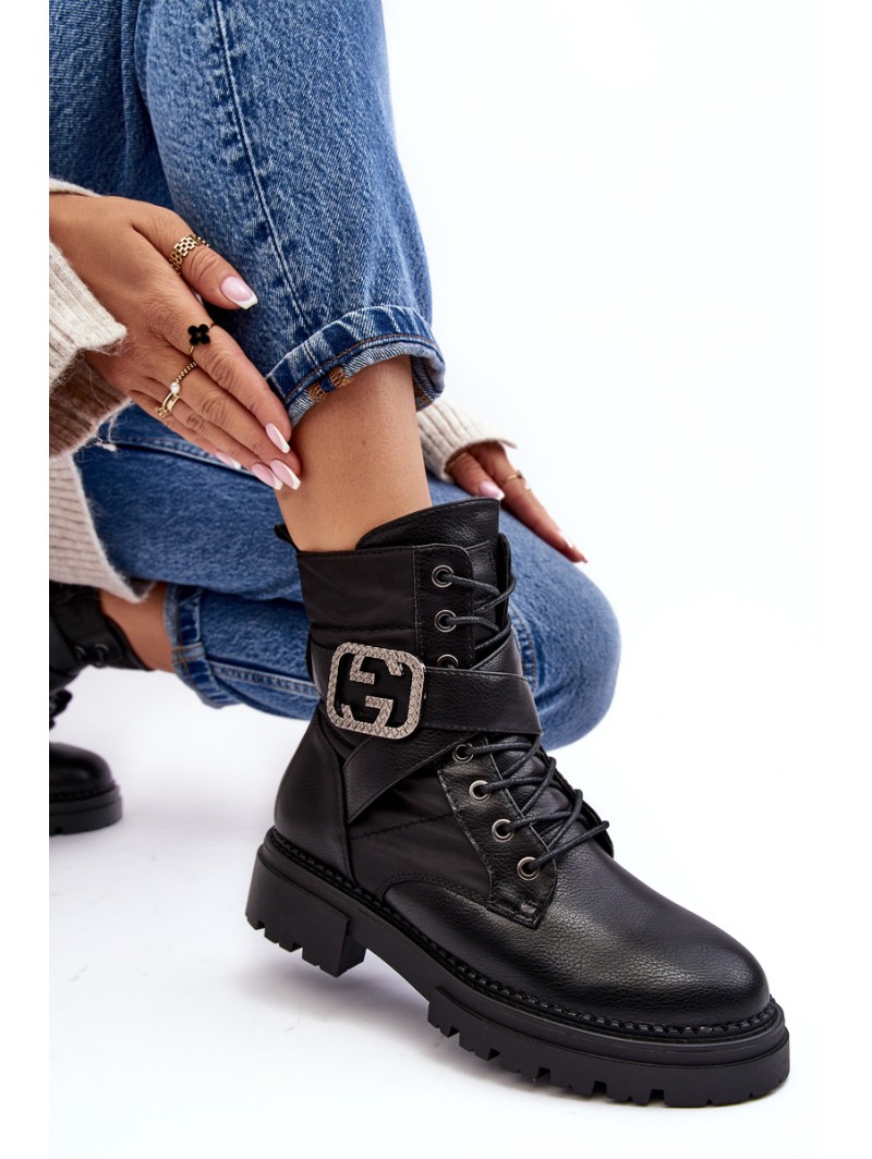 Gennee Leather Black Workery Boots with Chain