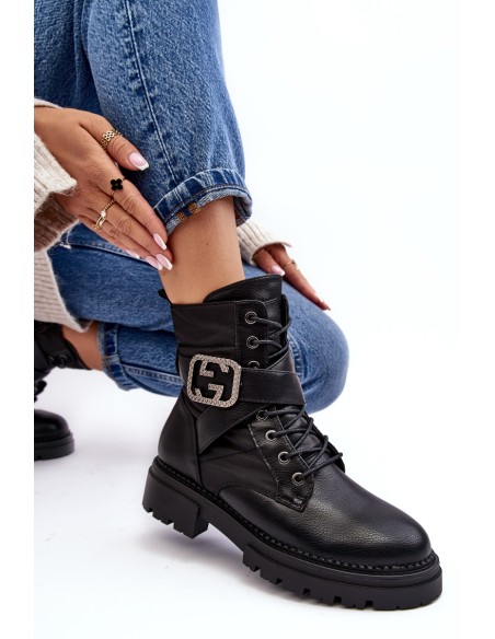 Gennee Leather Black Workery Boots with Chain