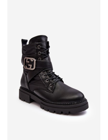 Gennee Leather Black Workery Boots with Chain