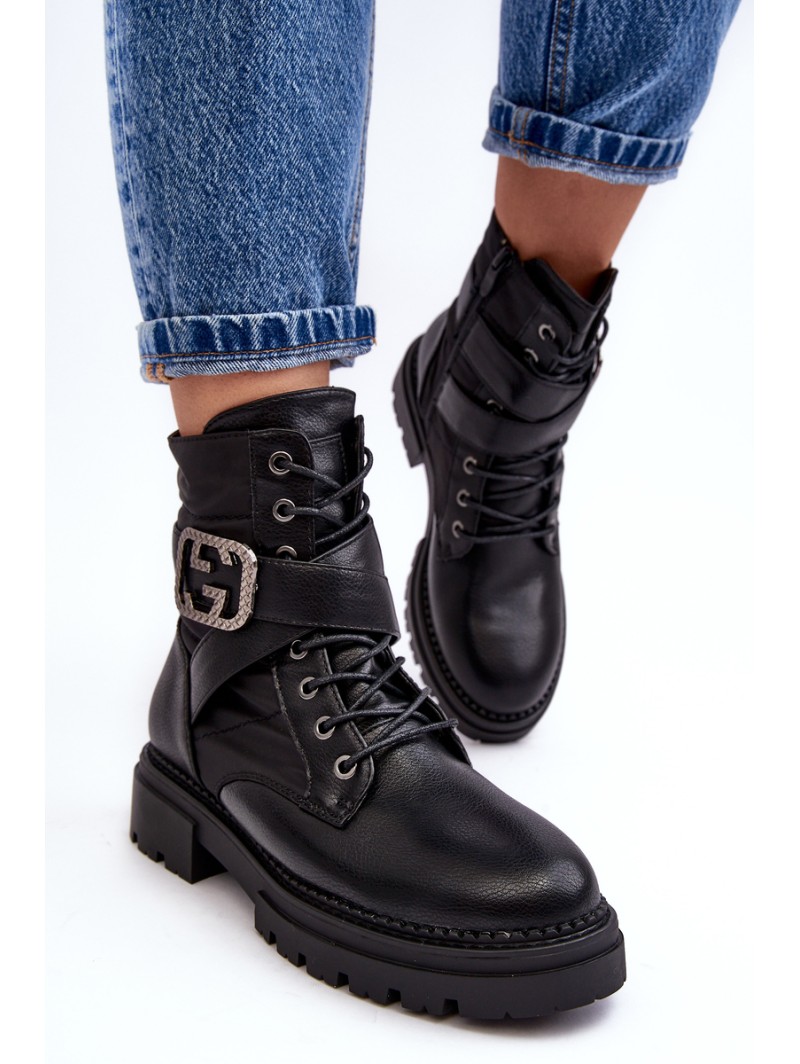 Gennee Leather Black Workery Boots with Chain