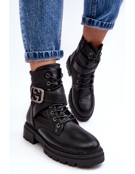 Gennee Leather Black Workery Boots with Chain