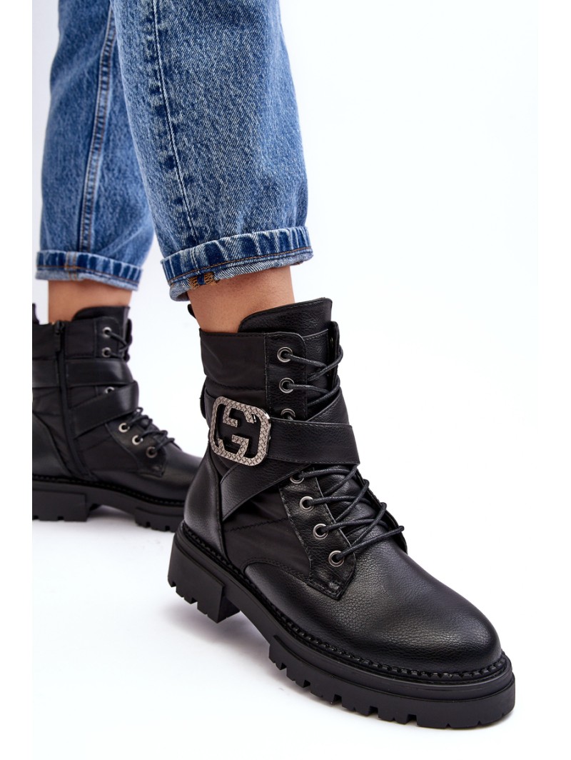 Gennee Leather Black Workery Boots with Chain