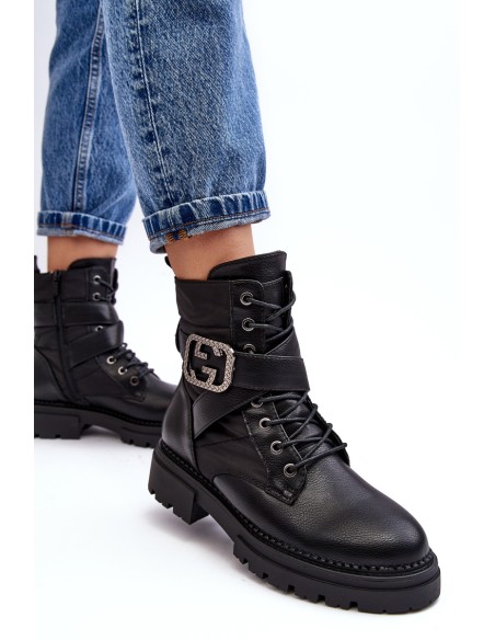 Gennee Leather Black Workery Boots with Chain
