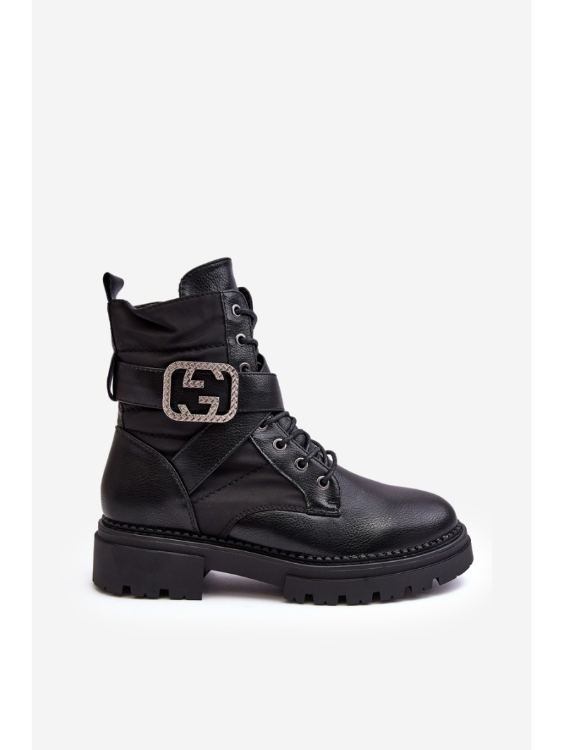 Gennee Leather Black Workery Boots with Chain