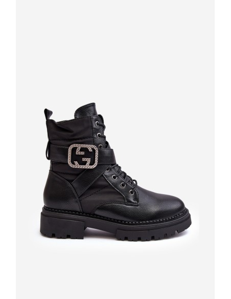Gennee Leather Black Workery Boots with Chain
