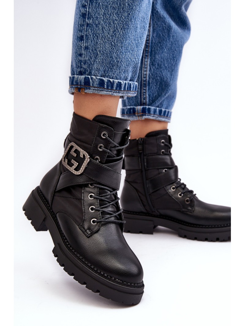Gennee Leather Black Workery Boots with Chain