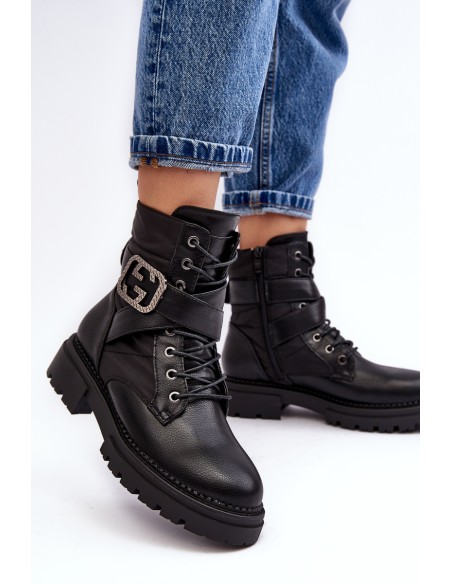 Gennee Leather Black Workery Boots with Chain