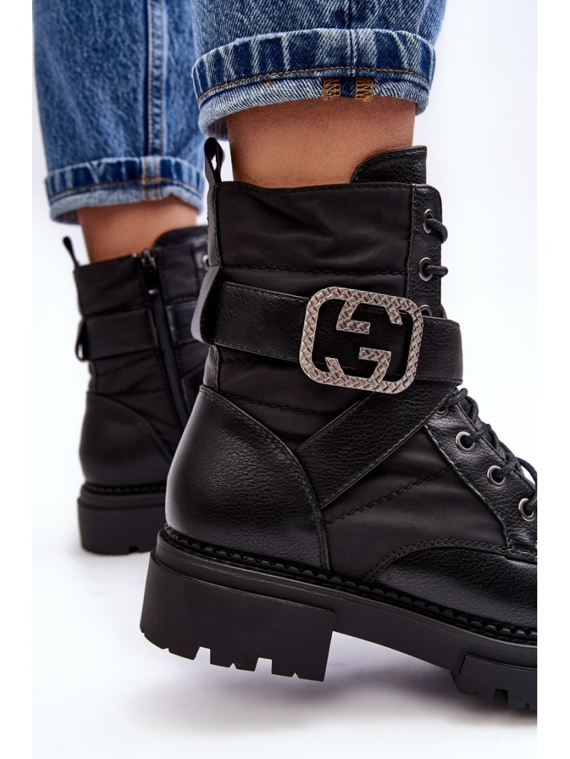 Gennee Leather Black Workery Boots with Chain