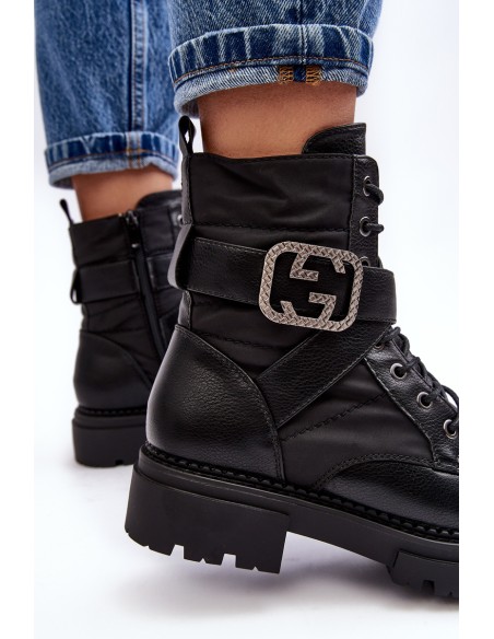 Gennee Leather Black Workery Boots with Chain