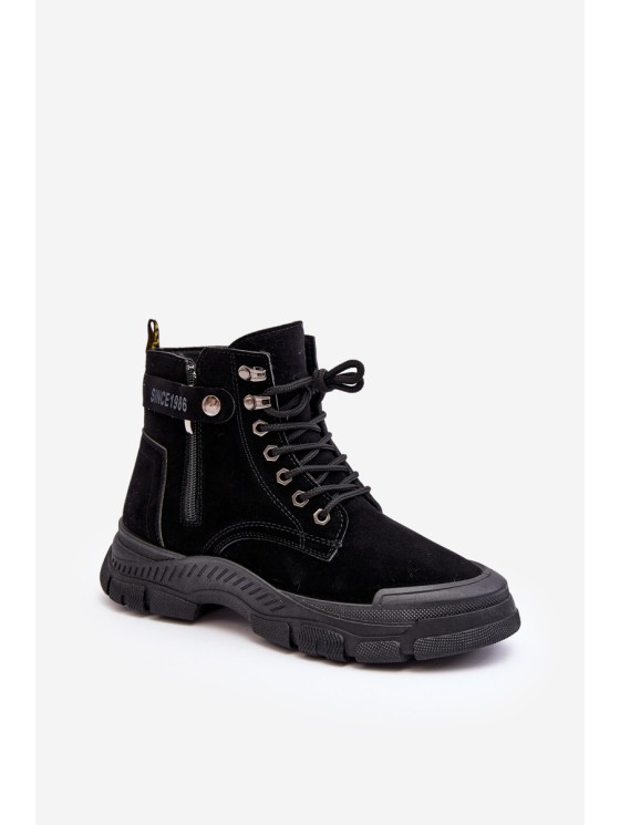 Women's Faux Suede Lined Lace-Up Ankle Boots Black Jailina