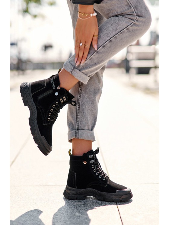 Women's Faux Suede Lined Lace-Up Ankle Boots Black Jailina 2