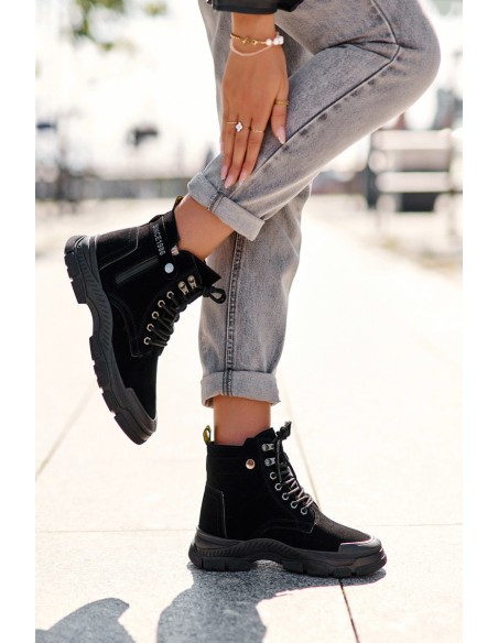 Women's Faux Suede Lined Lace-Up Ankle Boots Black Jailina