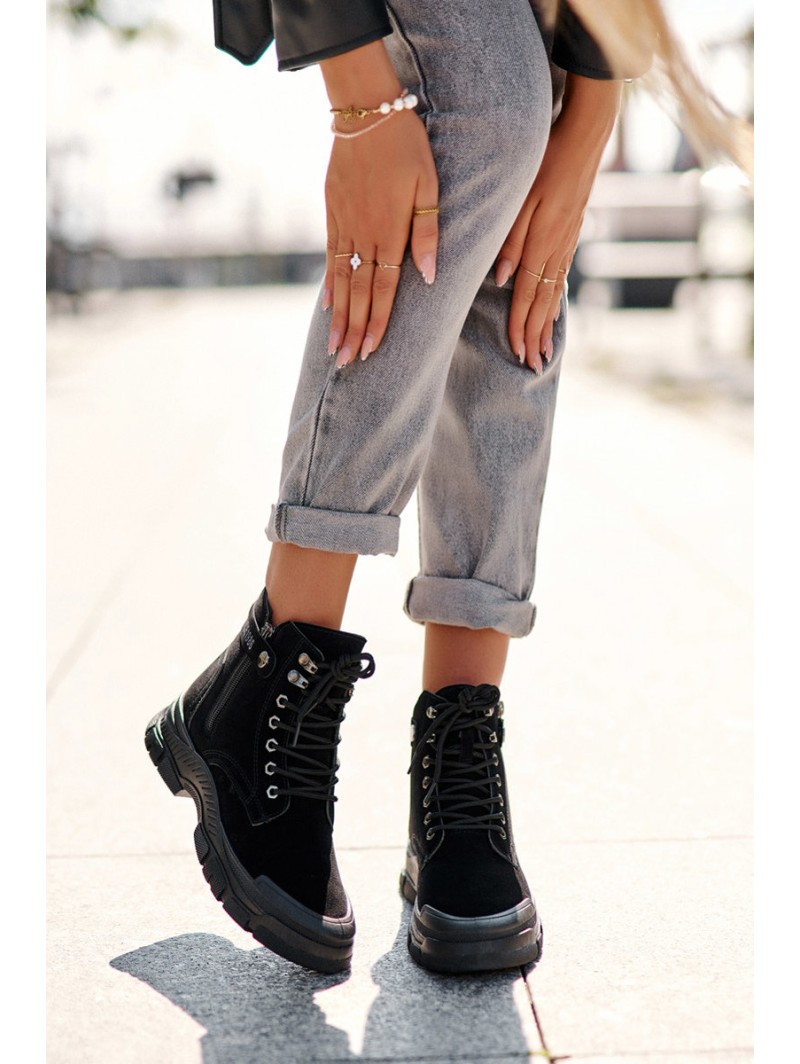 Women's Faux Suede Lined Lace-Up Ankle Boots Black Jailina