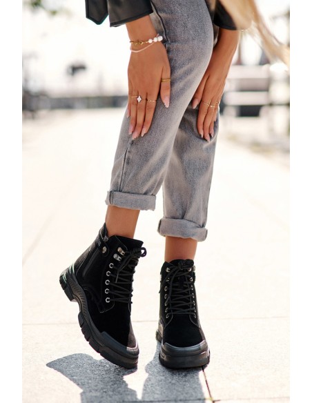 Women's Faux Suede Lined Lace-Up Ankle Boots Black Jailina