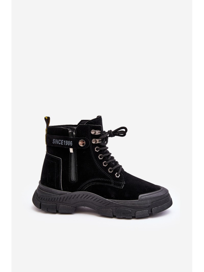Women's Faux Suede Lined Lace-Up Ankle Boots Black Jailina