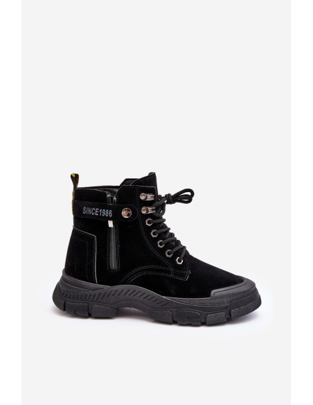Women's Faux Suede Lined Lace-Up Ankle Boots Black Jailina