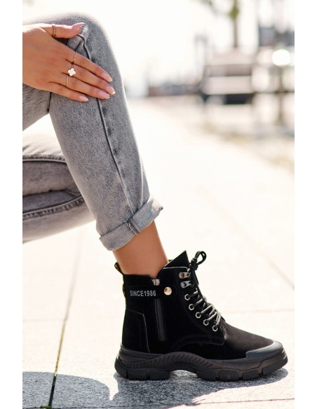 Women's Faux Suede Lined Lace-Up Ankle Boots Black Jailina