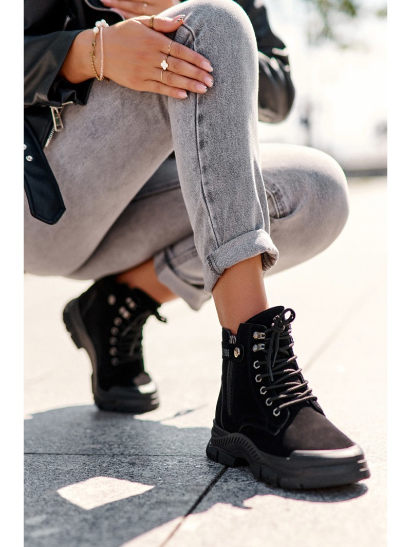 Women's Faux Suede Lined Lace-Up Ankle Boots Black Jailina