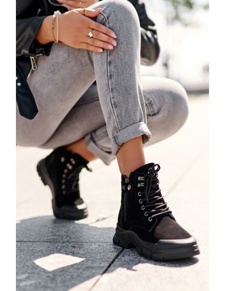 Women's Faux Suede Lined Lace-Up Ankle Boots Black Jailina