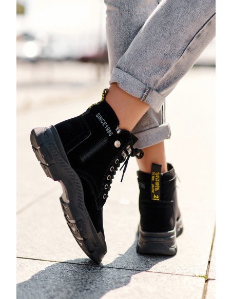 Women's Faux Suede Lined Lace-Up Ankle Boots Black Jailina
