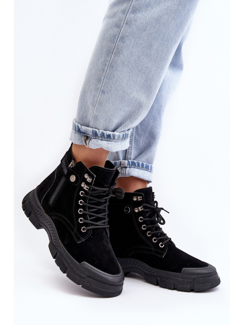 Women's Faux Suede Lined Lace-Up Ankle Boots Black Jailina