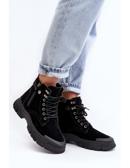 Women's Faux Suede Lined Lace-Up Ankle Boots Black Jailina