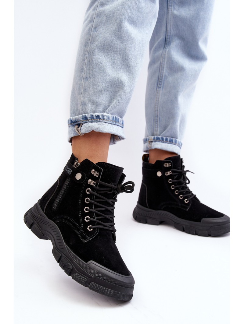 Women's Faux Suede Lined Lace-Up Ankle Boots Black Jailina