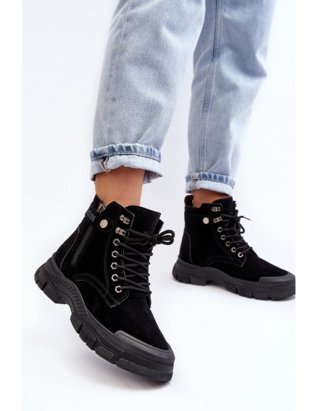 Women's Faux Suede Lined Lace-Up Ankle Boots Black Jailina